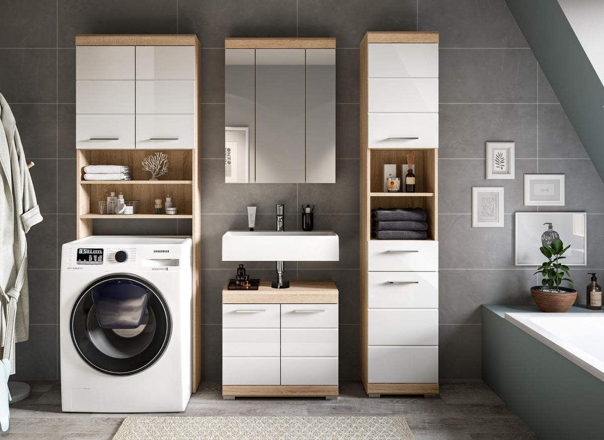 BADMÖBEL-SET weiß Hochglanz, Eiche 4-teilig 190 cm, viel Stauraum - Weiß Hochglanz/Eichefarben, Glas/Holzwerkstoff (190/191/34cm) - Inn.Furn