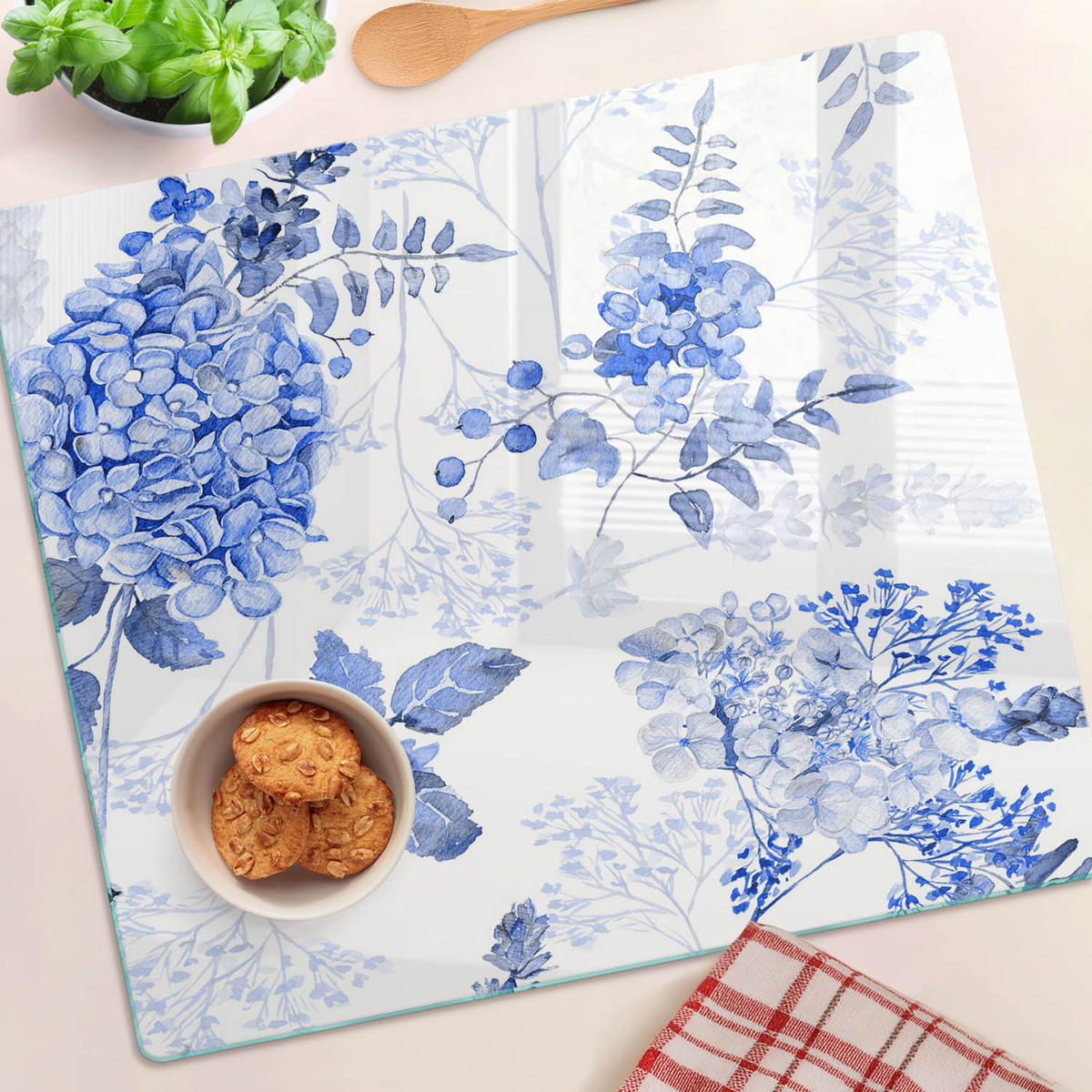 GLASPLATTE 60x52 cm Blumenmuster - Blau, Glas (60/0.4/52cm) - TULUP