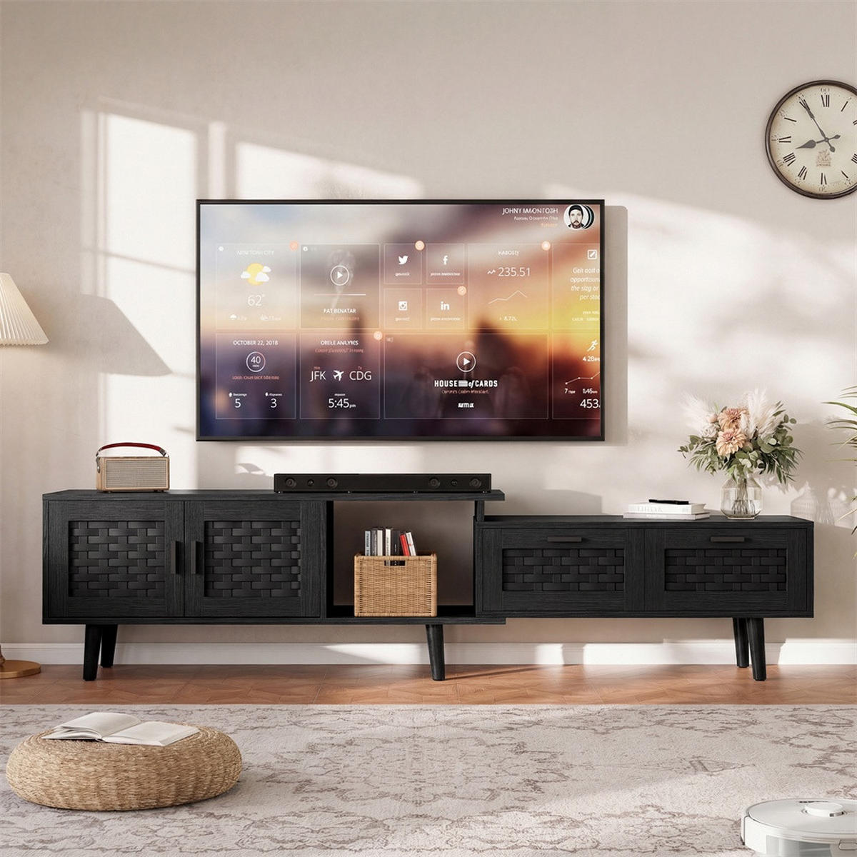 TV-LOWBOARD ausziehbar 146-180 cm mit 2 Türen und 2 Schubladen - mit Massivholzbeinen - Schwarz - Schwarz, Holzwerkstoff (29.8/44/180cm) - DELFA