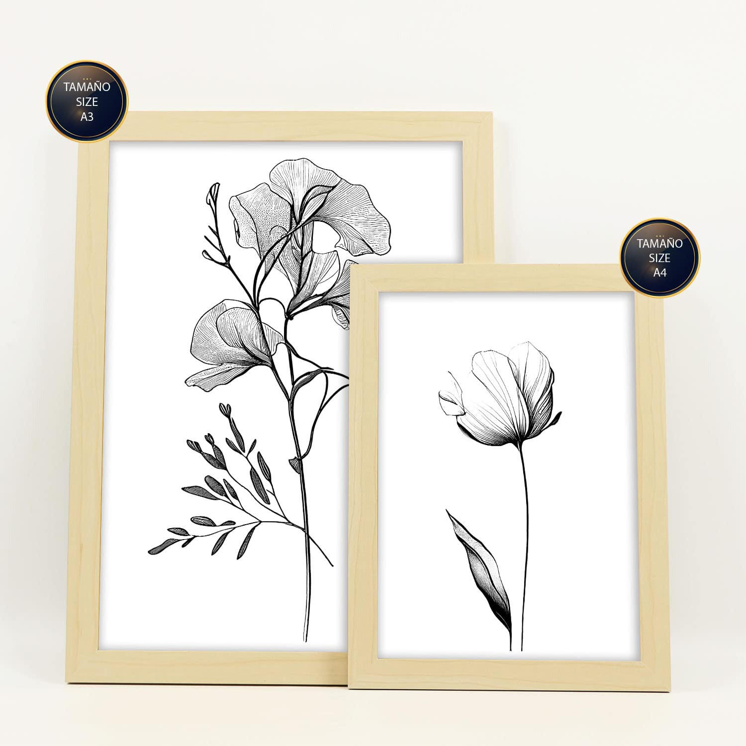 POSTER Set Mit 6 Üppige Blumen Natur Und Botanikdrucke Mit Blumenmotiven In Klassischem Schwarz Und Weiß A3 & A4 Rahmen Aus Hellem Holz - Beige, Papier (29/3cm) - Nacnic