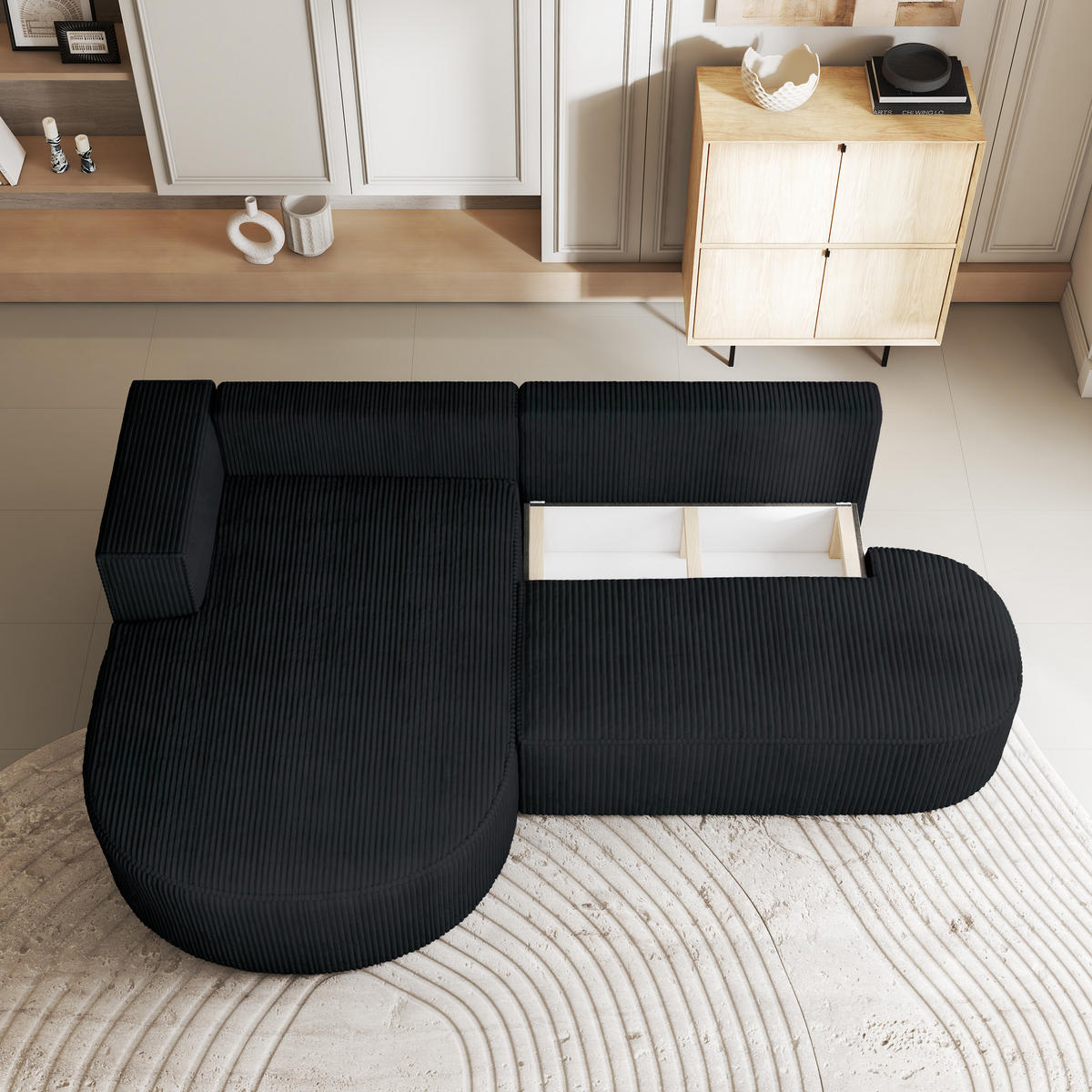 ECKSOFA CORTIO P L-S Schwarz Kordstoff mit Schlaffunktion - Schwarz, Holz (265/174cm) - MASSENO