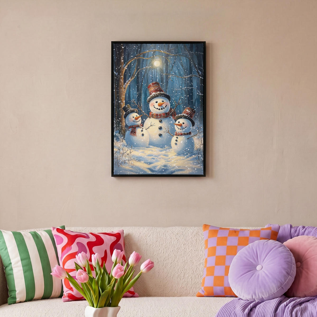 LEINWAND Bilder mit Rahmen - Schneemann - Schnee - Winter - Wald - 40x60 - Hellblau, Textil (40/60cm) - MuchoWow