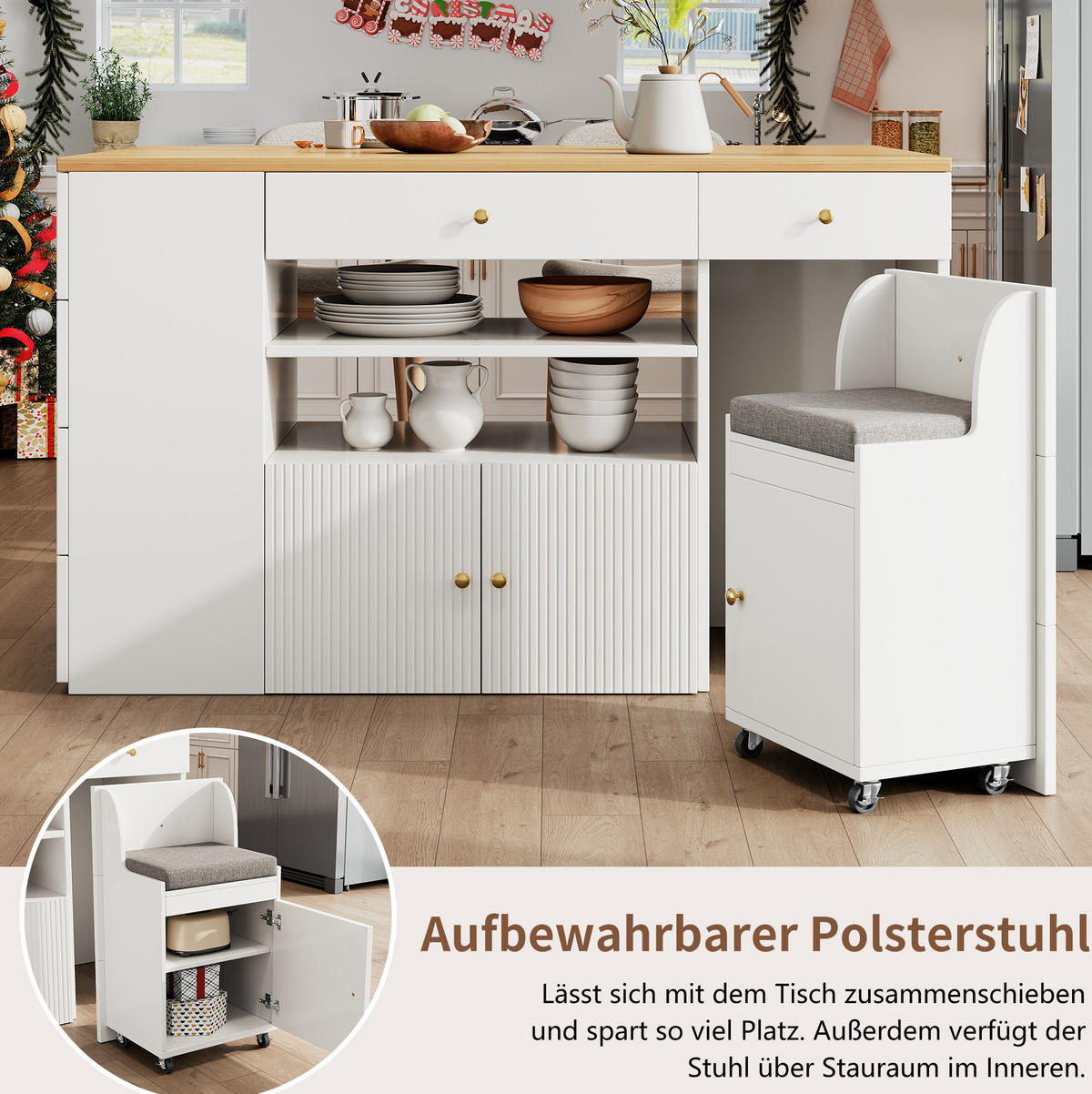 KÜCHENINSEL aus MDF mit Stauraum & Hocker, 140/40(70)/89 cm, Weiß - Weiß, Holzwerkstoff (40/89/140cm) - Redom