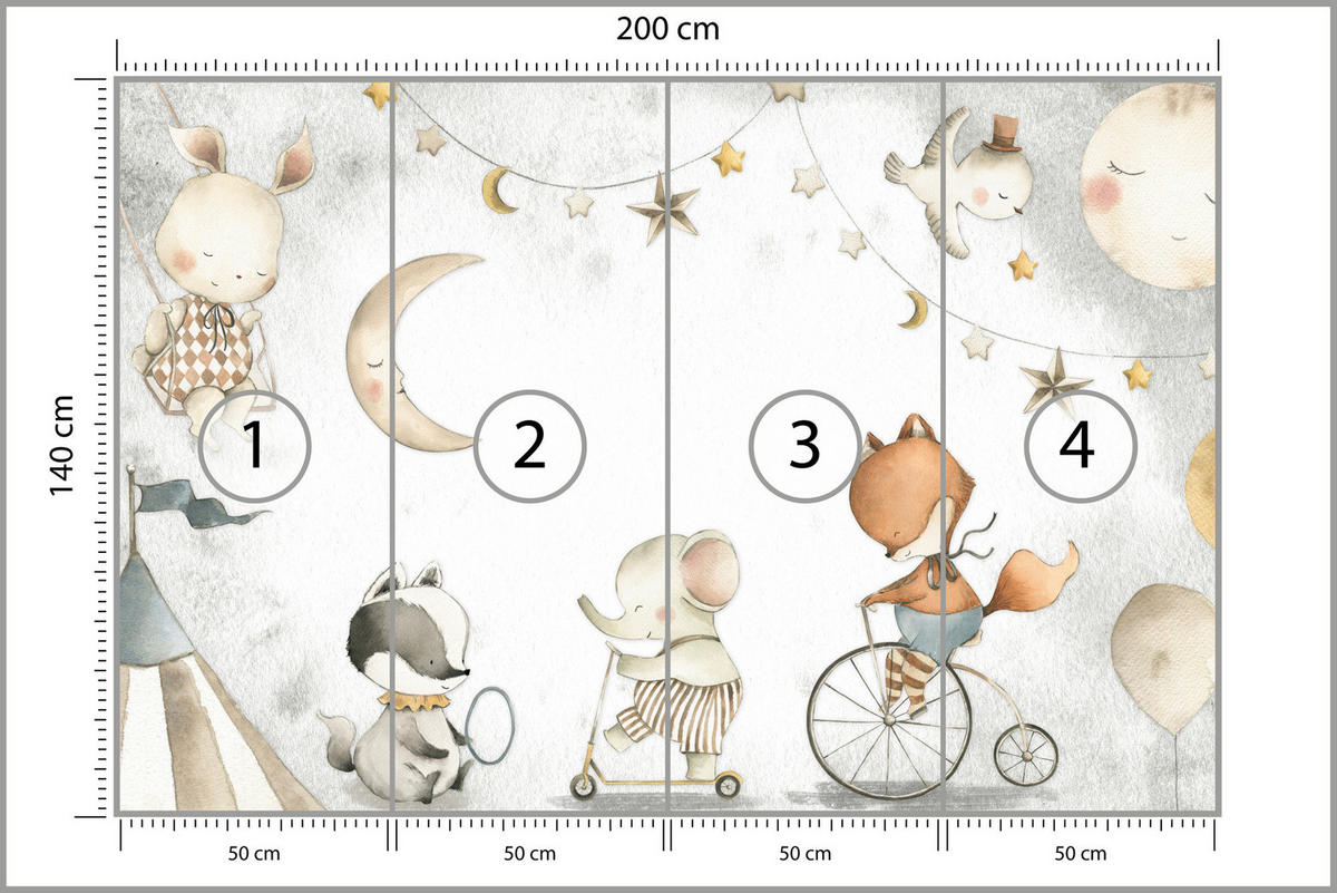 FOTOTAPETE für Kinderzimmer Zirkus Tiere Elefant Fuchs Monde Sterne 200x140 - Gelb/Beige, Papier (200/140cm) - Muralo