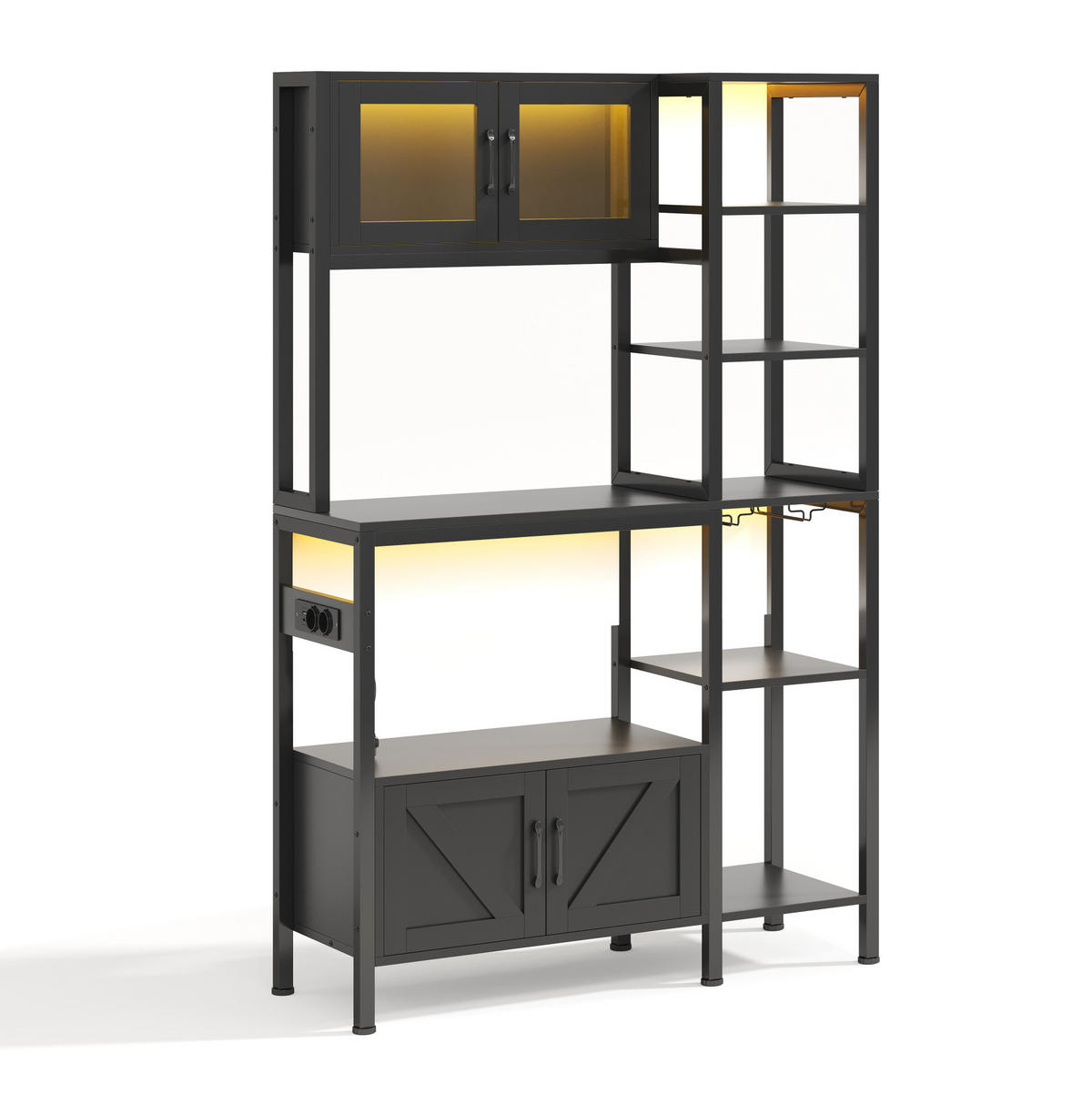 BUFFET aus MDF und Stahl 40x115x180 cm Schwarz mit LED-Leiste, Steckdosenmodul und viel Stauraum - Schwarz, Holzwerkstoff (115/180/40cm) - Modfu