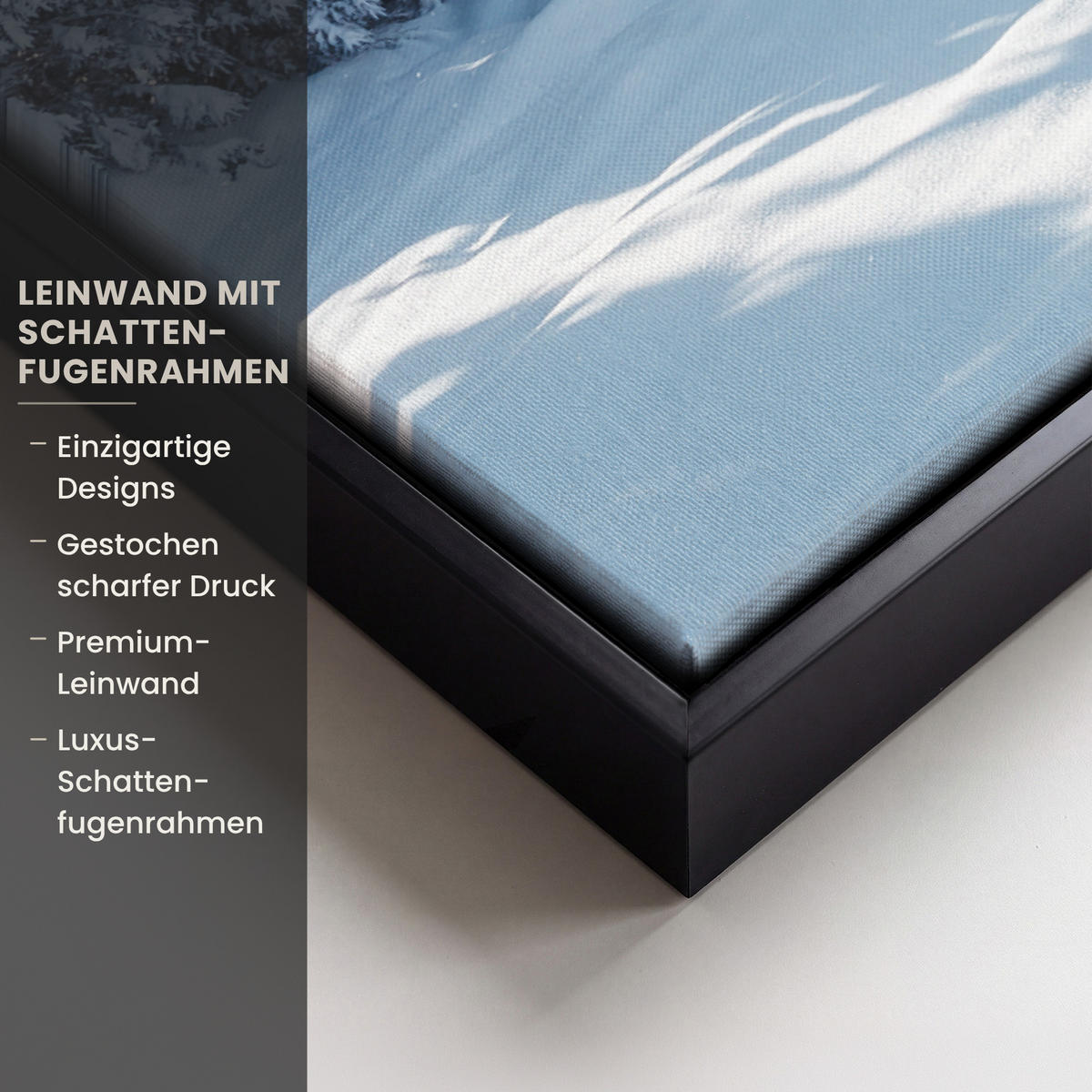LEINWAND Bilder mit Rahmen - Winterlandschaft - Natur - Berge - Bäume - Schnee - 70x50 - Hellblau, Textil (70/50cm) - MuchoWow