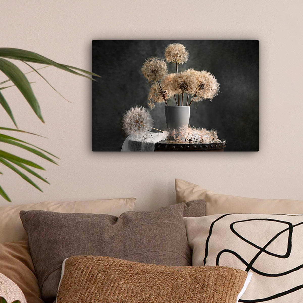 LEINWANDBILD Blumensamen - Löwenzahn - Vase - Stilleben - Blumenstrauß Deko Schlafzimmer 30x20 cm - Dunkelgrau, Textil (30/20cm) - MuchoWow