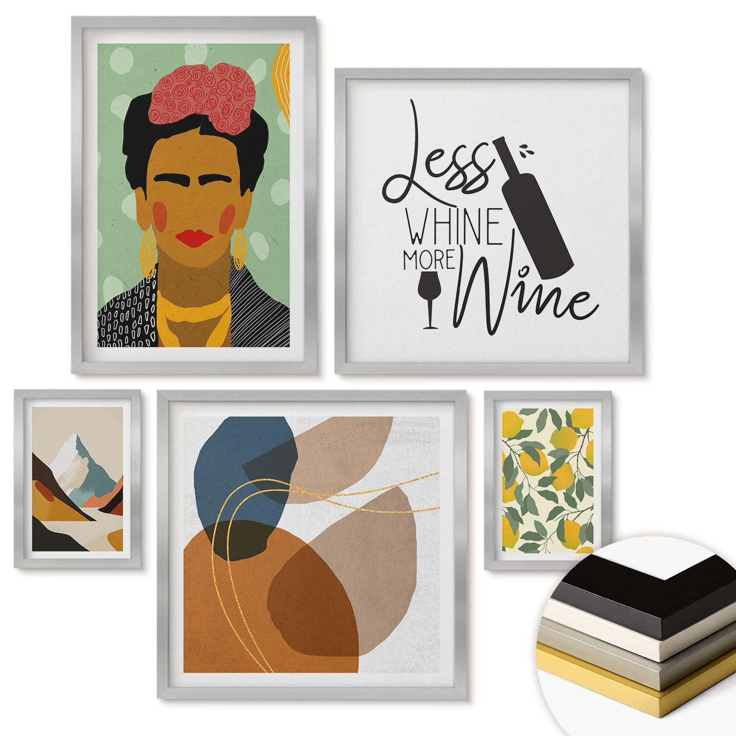 WANDBILDER 5er Set - 50x50 cm & 20x30 cm & 40x60 cm Silberner Rahmen - Zitronenweinporträt von Frida - Silberfarben, Kunststoff (40/60cm) - ArtPrintCave