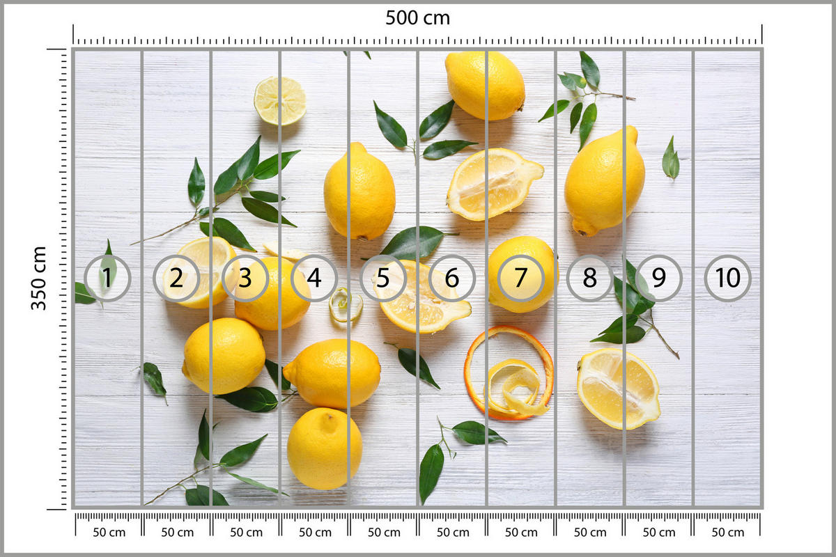 FOTOTAPETE für Küche Zitronen Holztisch Blätter Frisch Rustikal 500x350 - Gelb/Weiß, Papier (500/350cm) - Muralo