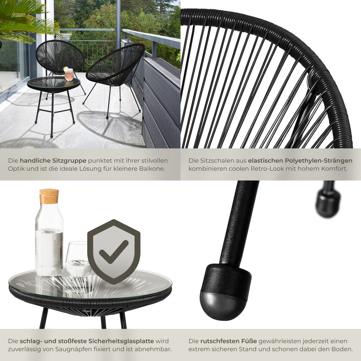 GARTENSTUHL 2er Set Santana mit Tisch, Belastbarkeit Stuhl 120 kg, schwarz - Schwarz, Kunststoff - tectake