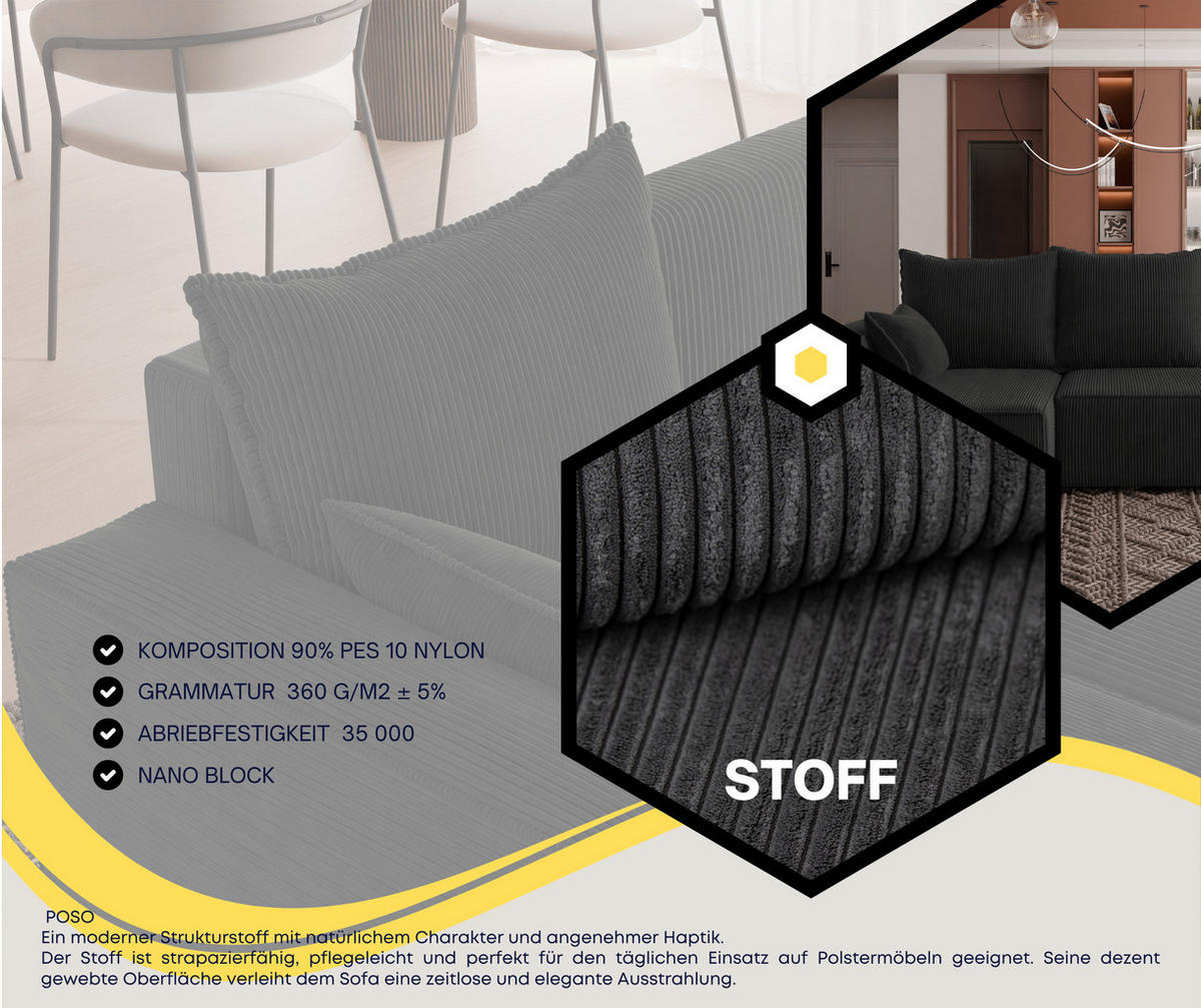 ECKSOFA Tobi mit Bettkasten und Schlaffunktion, L-Form, Cordstoff, Universal - Anthrazit, Holzwerkstoff (246/145cm) - 4ALL HOME