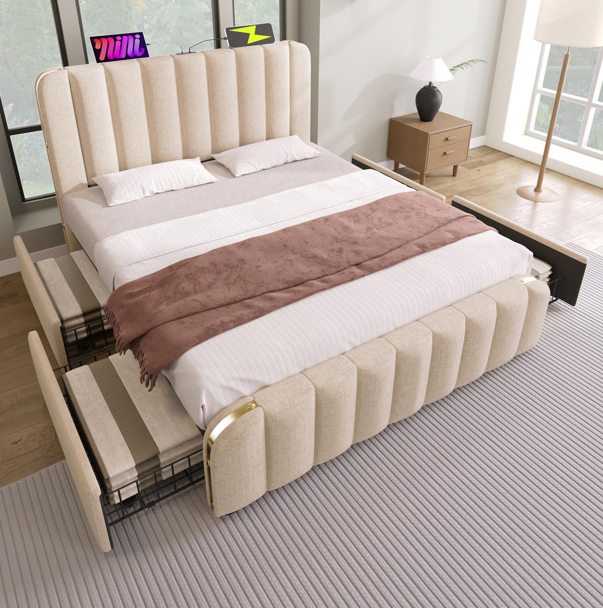 POLSTERBETT 160/200 cm mit 4 Schubladen, USB-C und gepolstertem Kopfteil - Beige, Textil (160/200cm) - BEAOK