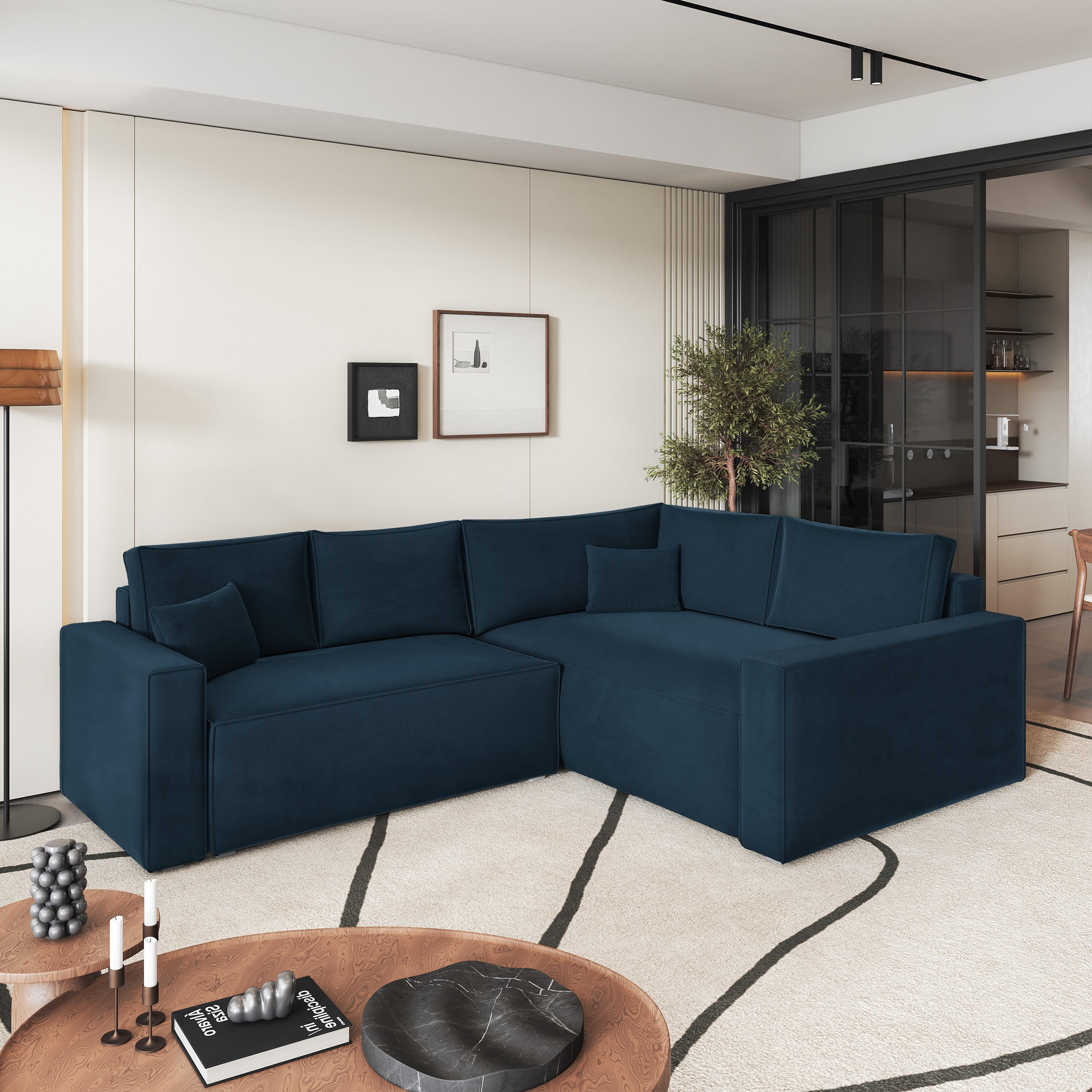 ECKSOFA ERONIS R-S Blau Velours-Stoff mit Schlaffunktion - Blau, Holz (265/194cm) - MASSENO