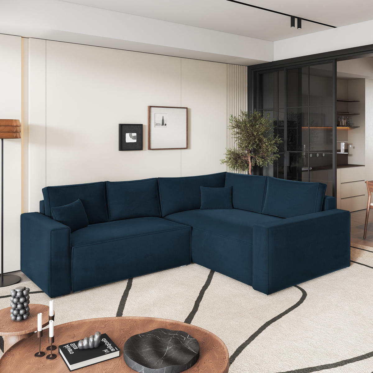 ECKSOFA ERONIS R-S Blau Velours-Stoff mit Schlaffunktion - Blau, Holz (265/194cm) - MASSENO