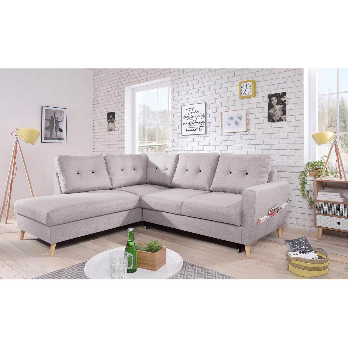 ECKSOFA mit Ottomane - Webstoff - Hellbraun/Hellrosa, Textil (230/200cm) - home24