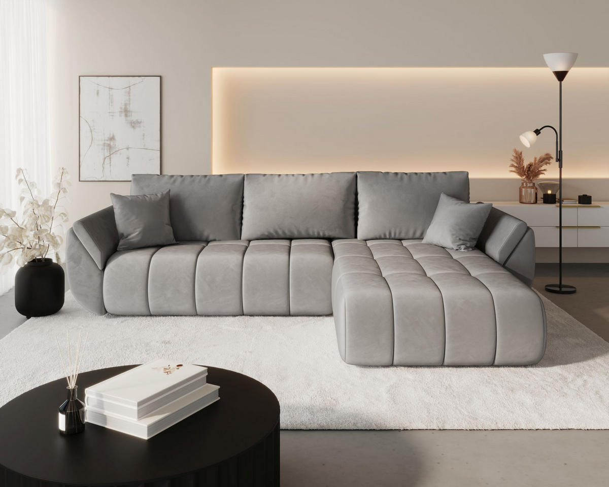 ECKSOFA SYDNEY PREMIUM rechts hellgrau Velours Monolith 84 - Schlaffunktion, Bettkasten - Hellgrau, Textil (280/185cm) - Cornero