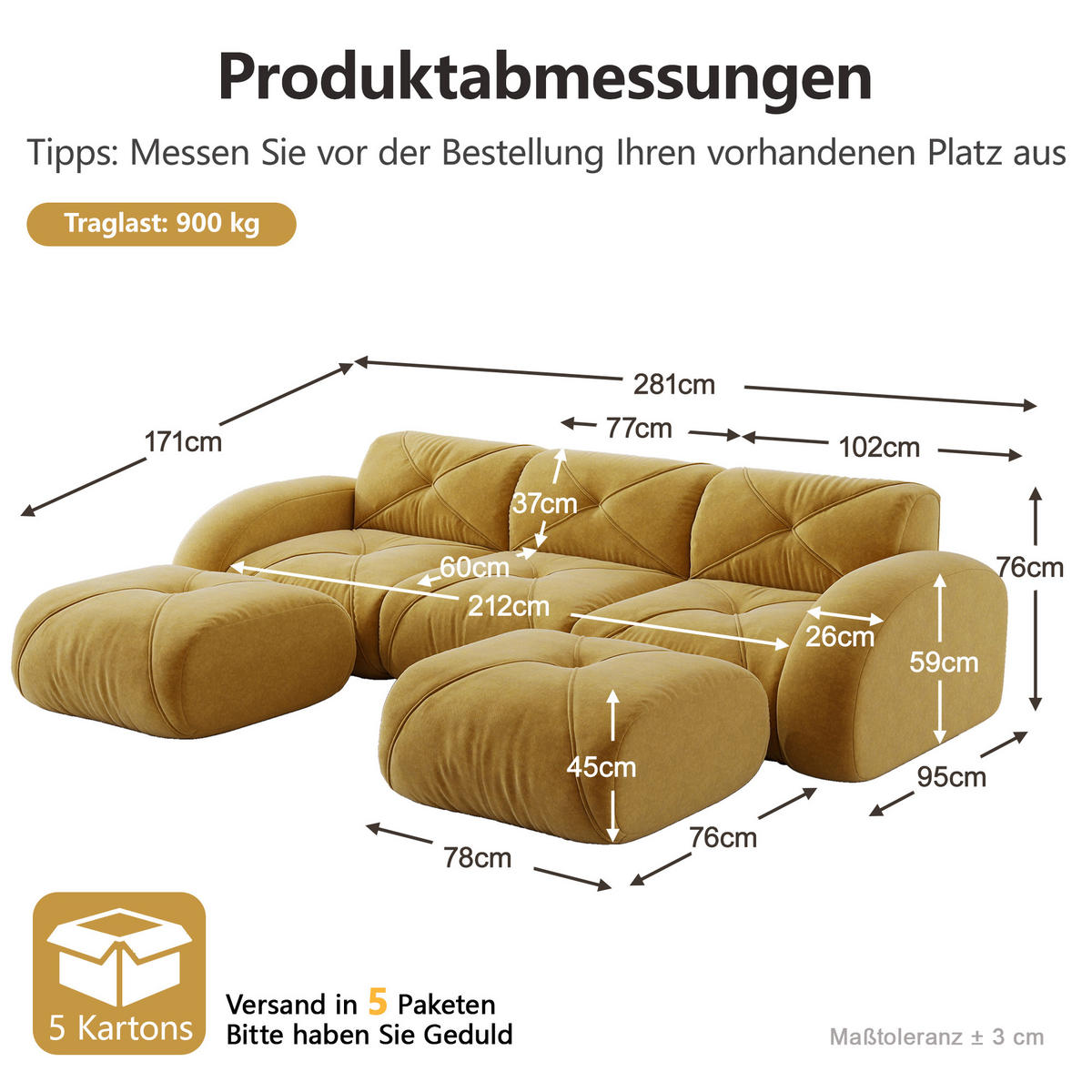 WOHNLANDSCHAFT DE-34276 3-Sitzer mit 2 Hockern Gelb - Gelb, Textil (171/76/281cm) - ComfortXL