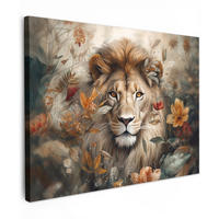 LEINWANDBILD Löwe - Wildtiere - Pflanzen - Natur - Blumen Wandbilder 80x60 cm - Beige, Textil (80/60cm) - MuchoWow