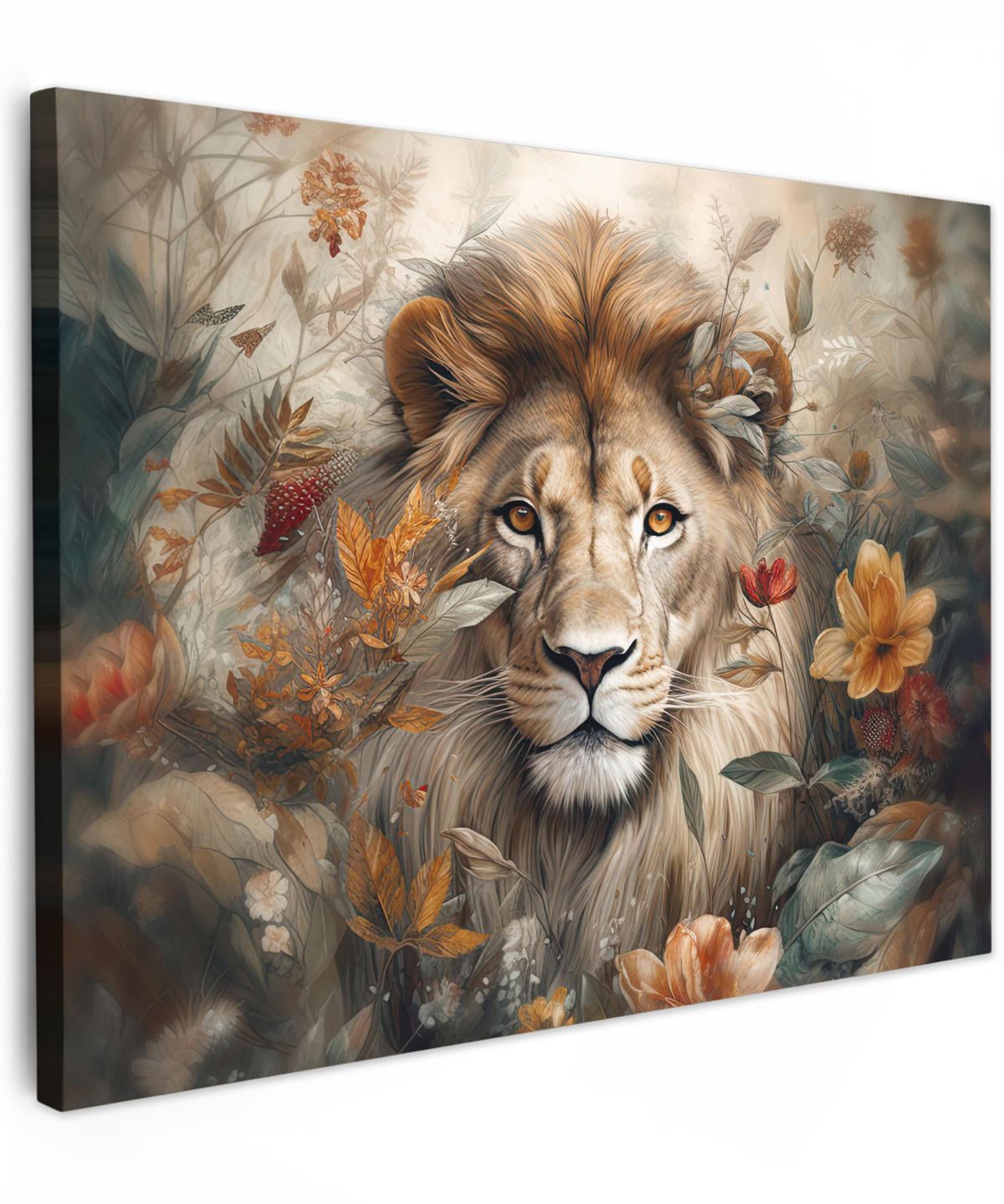 LEINWANDBILD Löwe - Wildtiere - Pflanzen - Natur - Blumen Wandbilder 80x60 cm - Beige, Textil (80/60cm) - MuchoWow