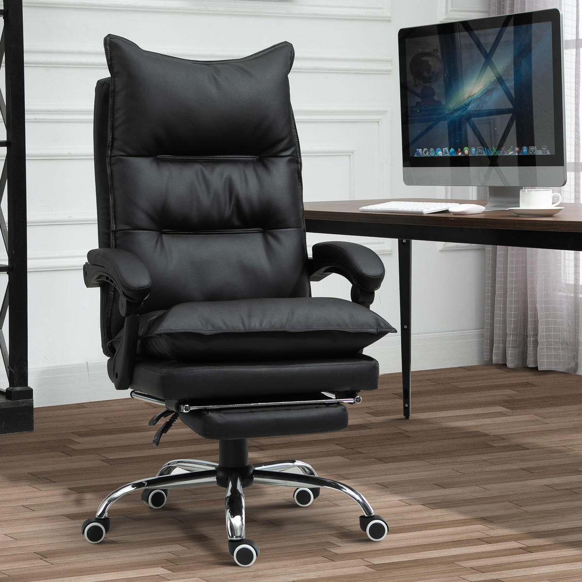 BÜROSTUHL mit Fußstütze Schreibtischstuhl Rückenlehne Kunstleder Schwarz - Schwarz, Kunststoff (72/130/66cm) - Vinsetto