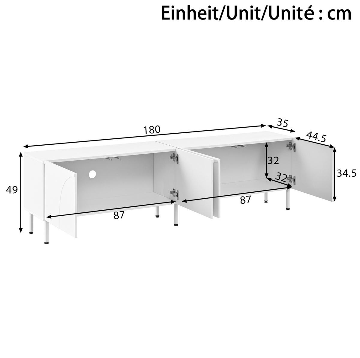 TV-SCHRANK mit 4 Türen 180 cm Weiß mit Metallfüßen - Weiß, Holzwerkstoff (35/49/180cm) - Beauniv