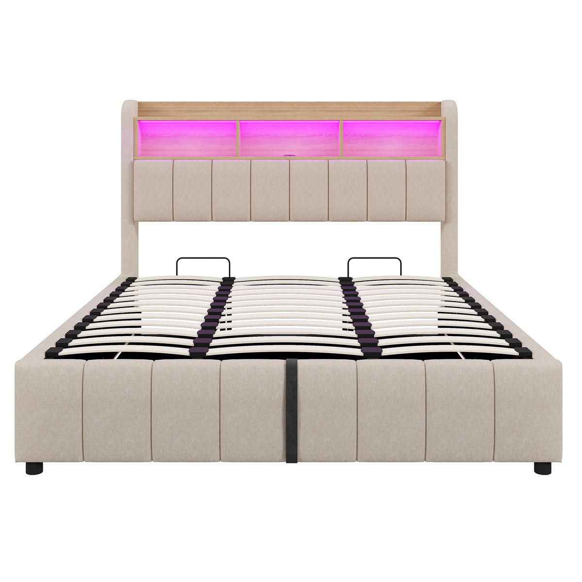 POLSTERBETT 180/200 cm Beige mit LED-Beleuchtung und USB-Anschlüssen aus Leinenstoff - Beige, Textil (180/200cm) - OKWISH