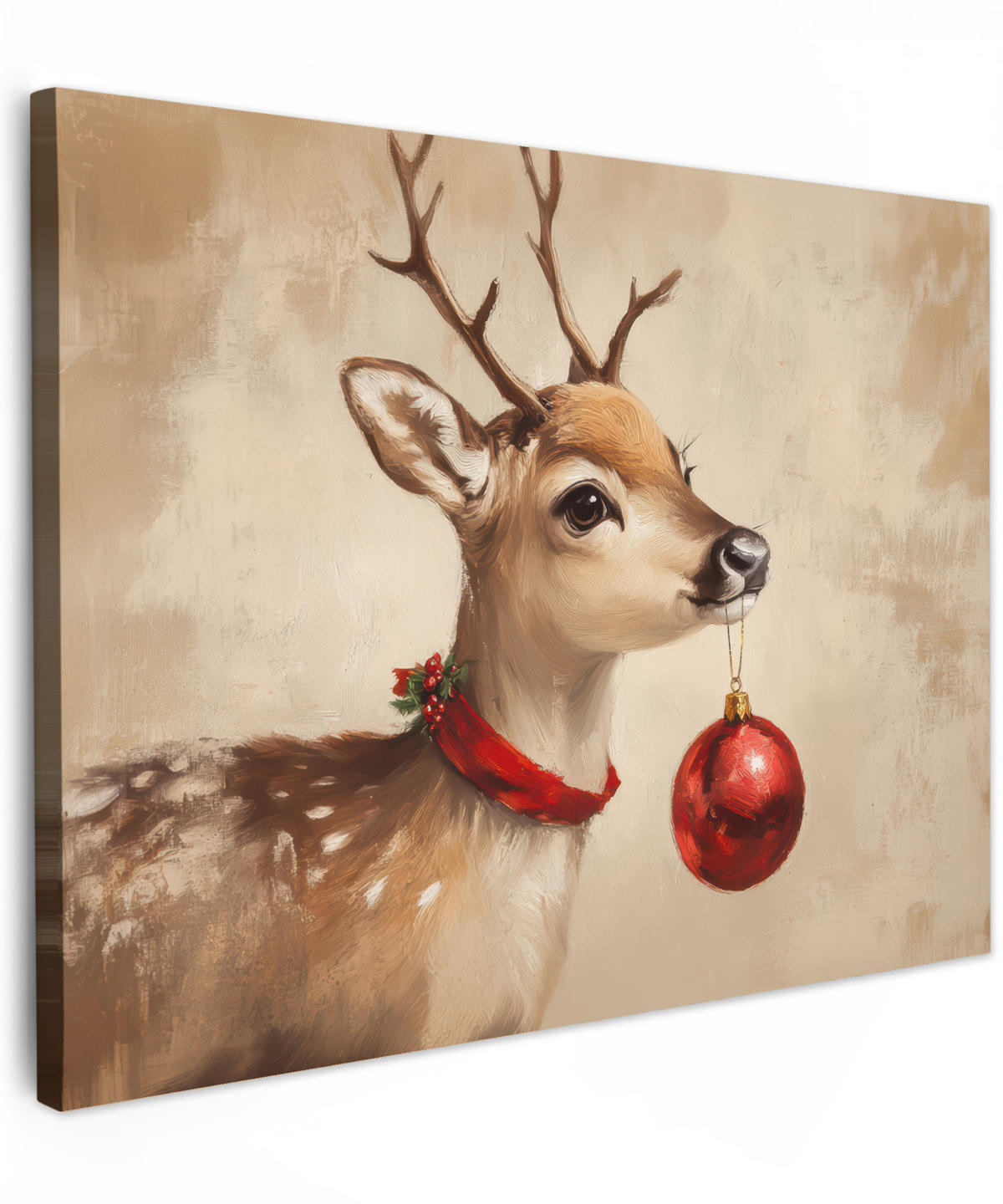 LEINWANDBILD Weihnachten - Hirsch - Geweih - Weihnachtskugel - Rentier Wandbilder 80x60 cm - Hellbraun, Textil (80/60cm) - MuchoWow