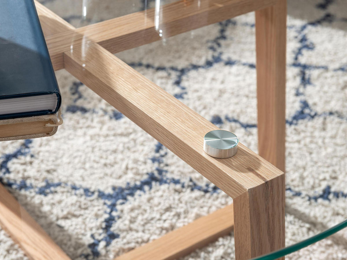 COUCHTISCH in Eiche mit transparenter Glasplatte und überkreuztem Gestell, modernes Design - Beige/Braun, Glas/Eichenholz (78/78/41cm) - KADIMA DESIGN