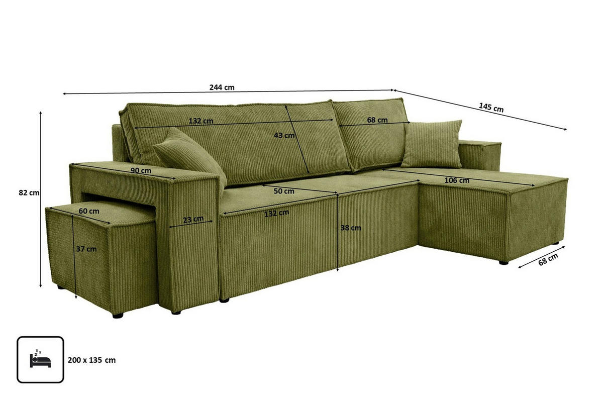 ECKSOFA Mit Schlaffunktion Und Pouf, Cordstoff Poso, Olive, Rechts, Best L Mit Pouf - Olivgrün, Holz (244/145cm) - Kaiser Möbel