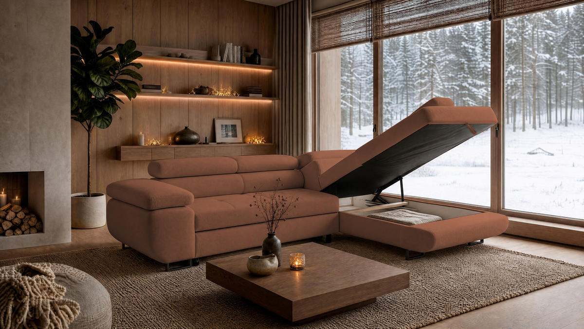 ECKSOFA Velmo mit Bettkasten und Schlaffunktion, verstellbaren Kopfstützen, in L-Form - Hellrosa, Textil (275/203cm)