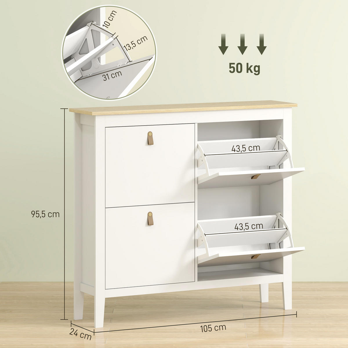 SCHUHSCHRANK DE-15027 4 Schubladen für 10-20 Paar Schuhe mit verstellbaren Böden Weiß - Weiß, Holzwerkstoff (105/95.5/24cm) - ComfortXL