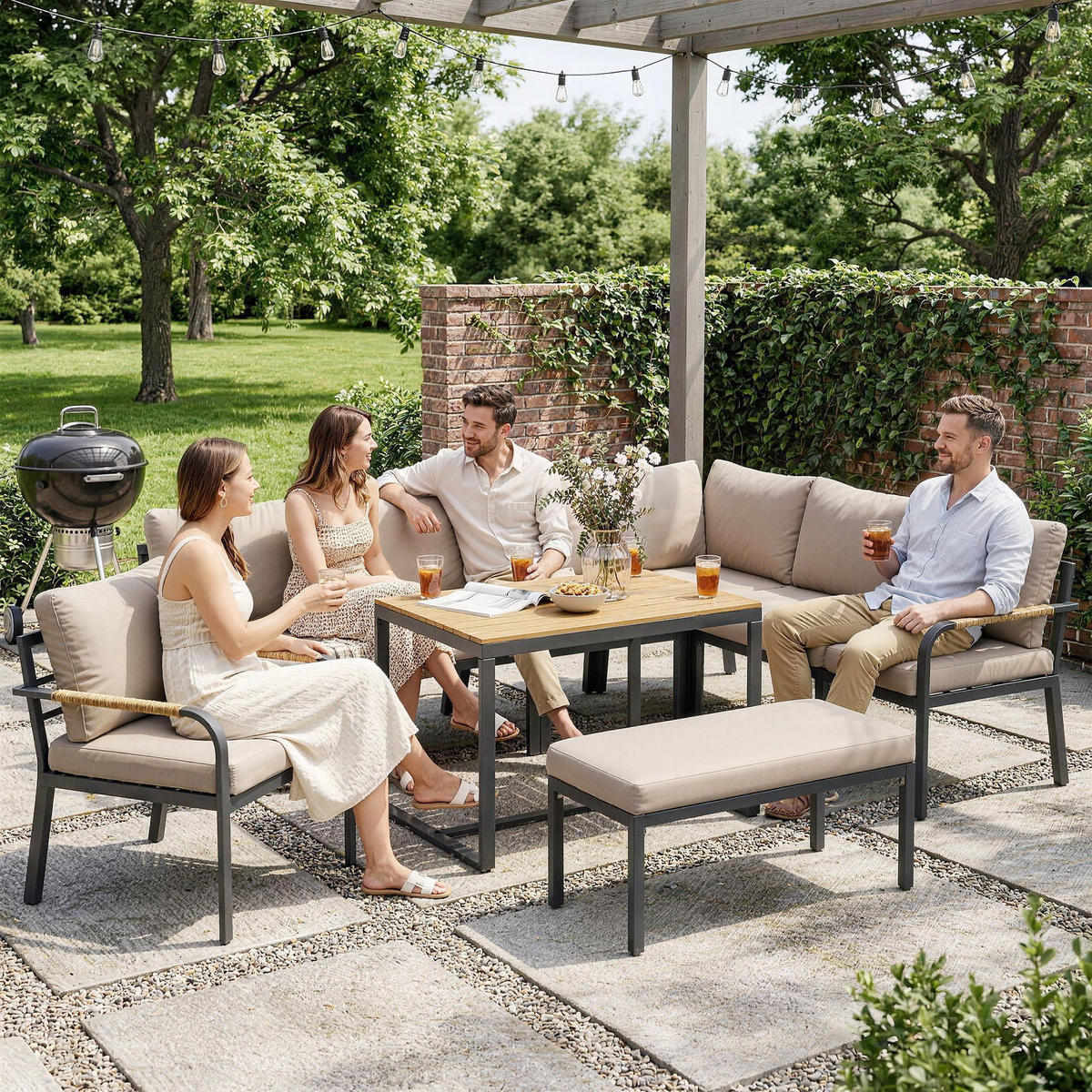 GARTENLOUNGE-SET 7tlg DE-13711 modular mit WPC-Tisch Beige & Grau - Mokka, Metall - ComfortXL