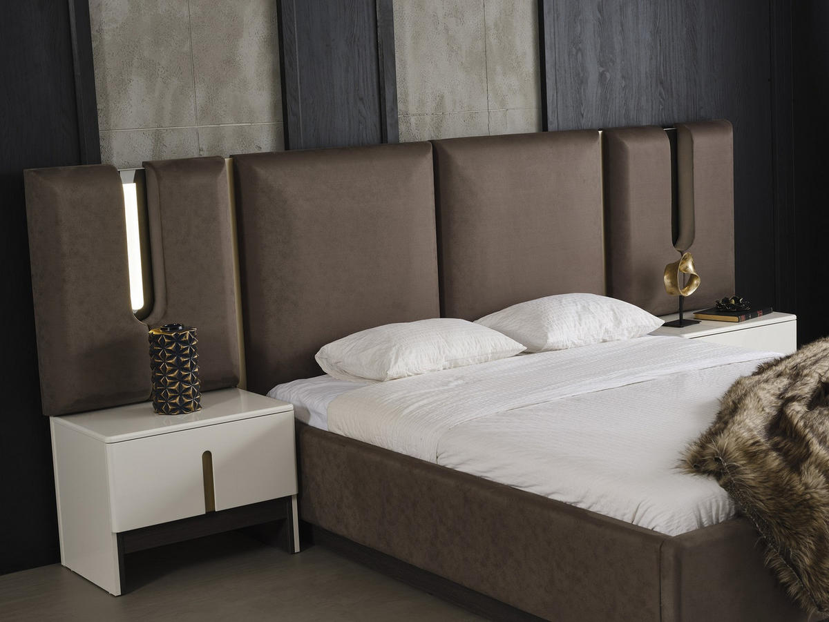 BETTANLAGE Pedro Brown Typ-1 Bett mit Kopfteil, 2 Nachttische, Kleiderschrank und Kommode - Braun, Holzwerkstoff (160/200cm)