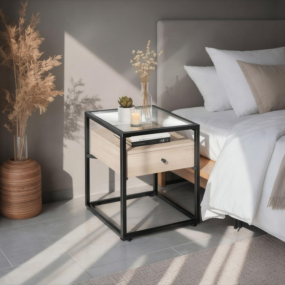 NACHTSCHRANK Preston, 43 x 45 x 54,5 cm, Industrial Holz hell, Eiche Sonoma - Naturfarben, Holzwerkstoff (43/54.5/45cm) - tectake