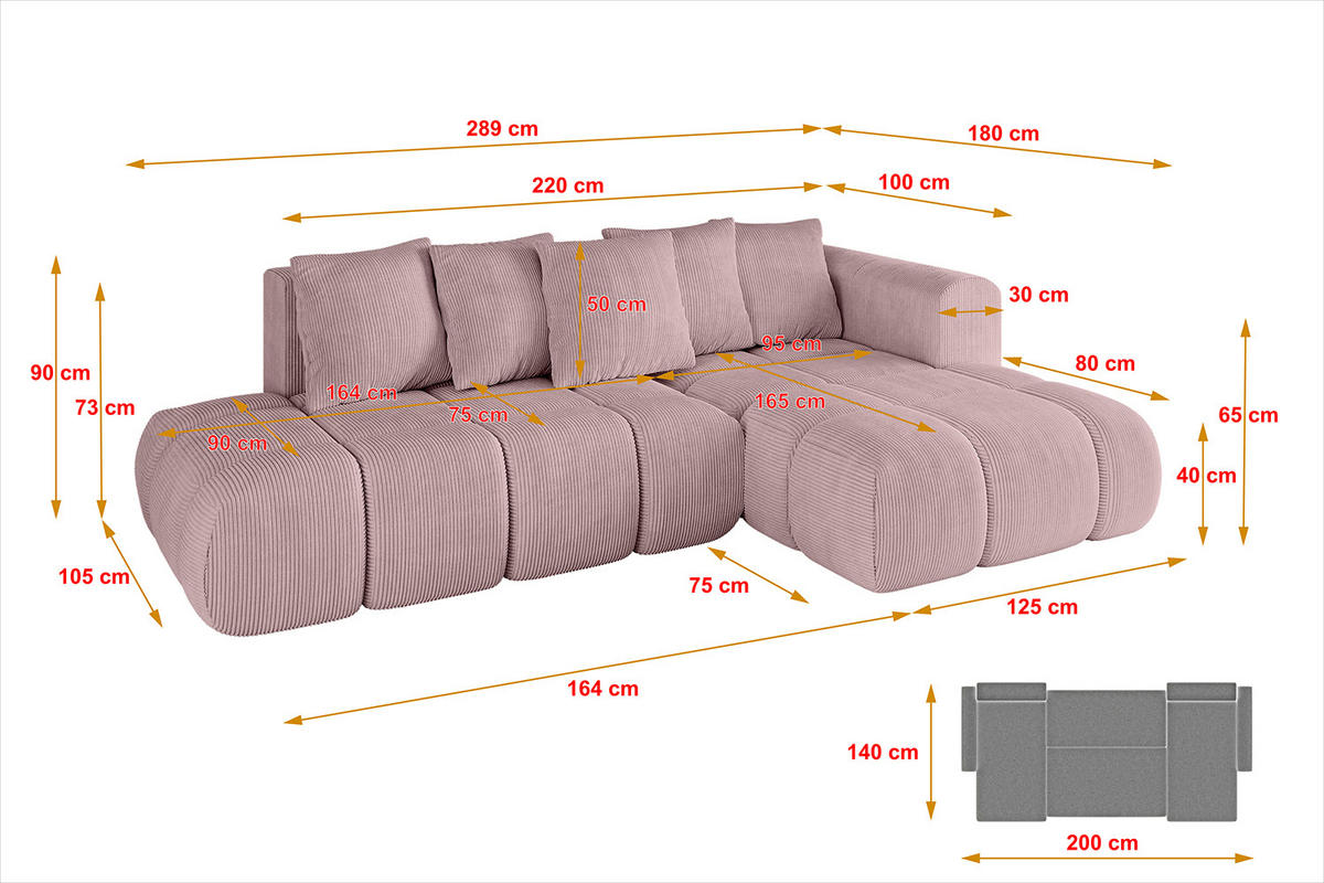 ECKSOFA Ottomane Rechts CLOUD-L-v1 289x180x40 Rosa Cord - Rosa, Holzwerkstoff/Kunststoff (289/180cm) - ALTDECOR