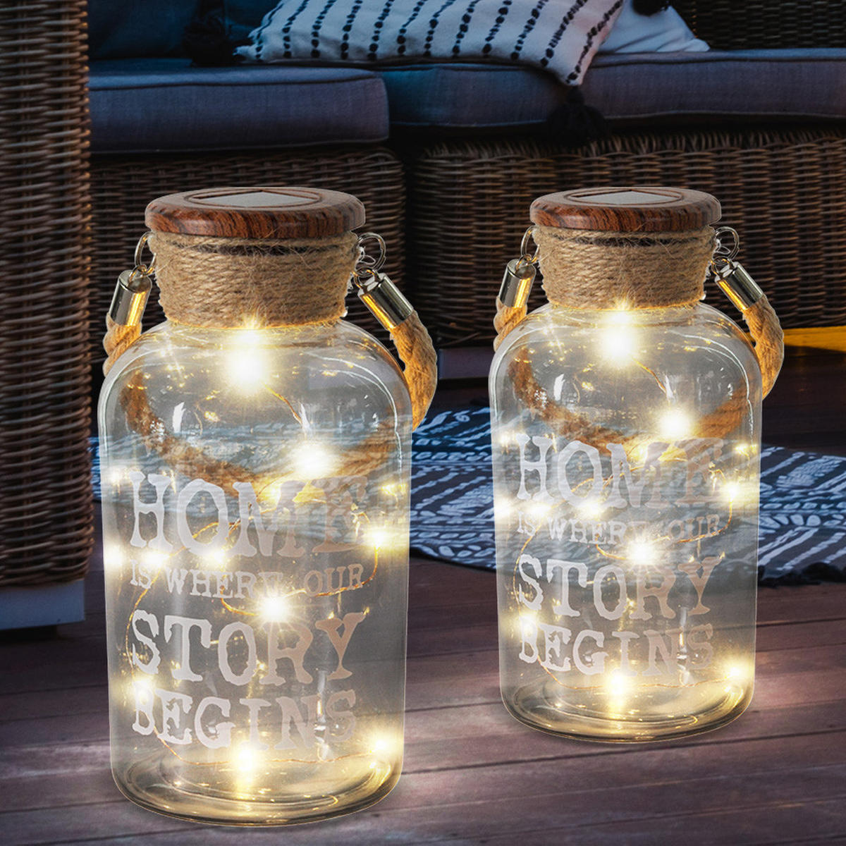 LED AUSSENLEUCHTE Glas Braun Hanfseil 2er Set - Braun, Glas (9.8/9.8/20cm)