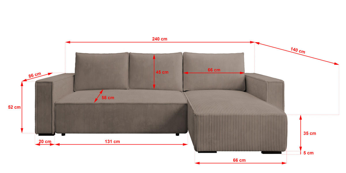 ECKSOFA CUDDY L, Eckcouch in L-Form mit Schlaffunktion und Bettkasten, Farbe: Braun, Cordstoff, Ottomane Rechts - Braun, Textil (240/140cm) - Storez24