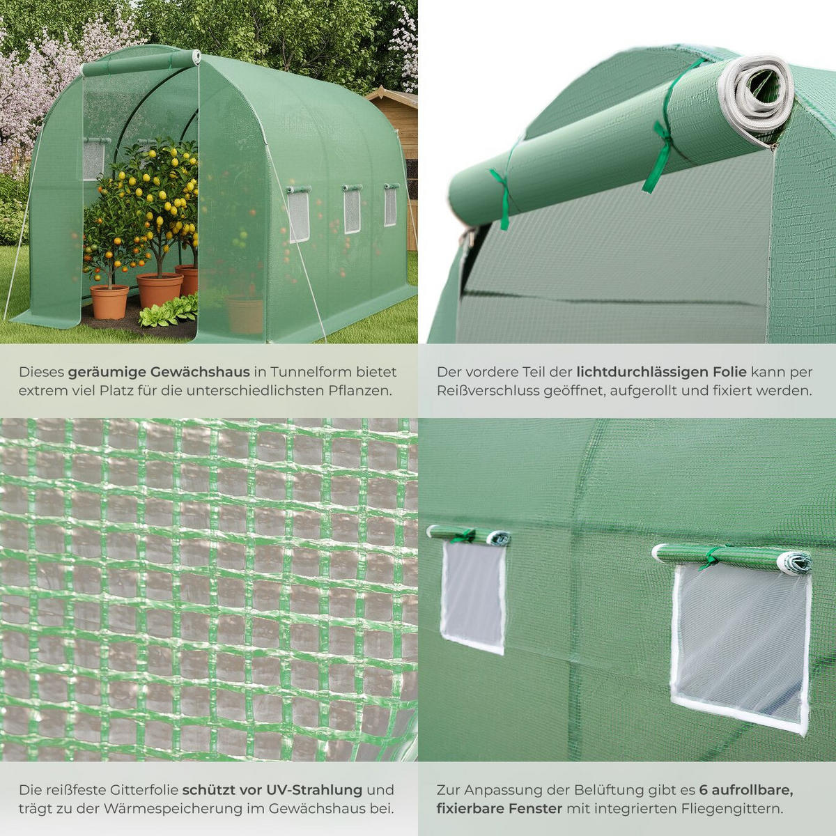 FOLIENGEWÄCHSHAUS, 343 x 200 x 200 cm, grün - Grün, Kunststoff (200/200/343cm) - tectake