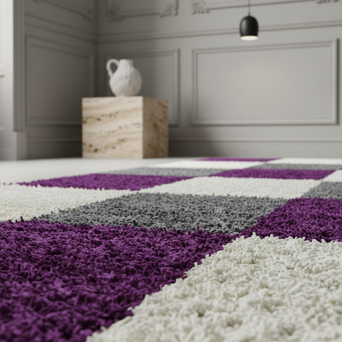 TEPPICH Hochflor Karo Polypropylen Wohnzimmer Shaggy Violett Läufer 80x250 - Lila, Textil (80/250cm) - KADIMA DESIGN