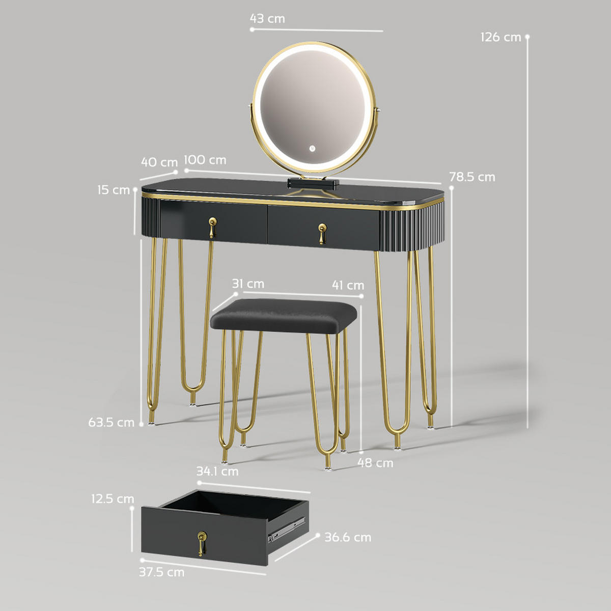 SCHMINKTISCH Isonca Schwarz mit LED Beleuchtung und Hocker - Schwarz, Holzwerkstoff (100/126/40cm) - Livinity®