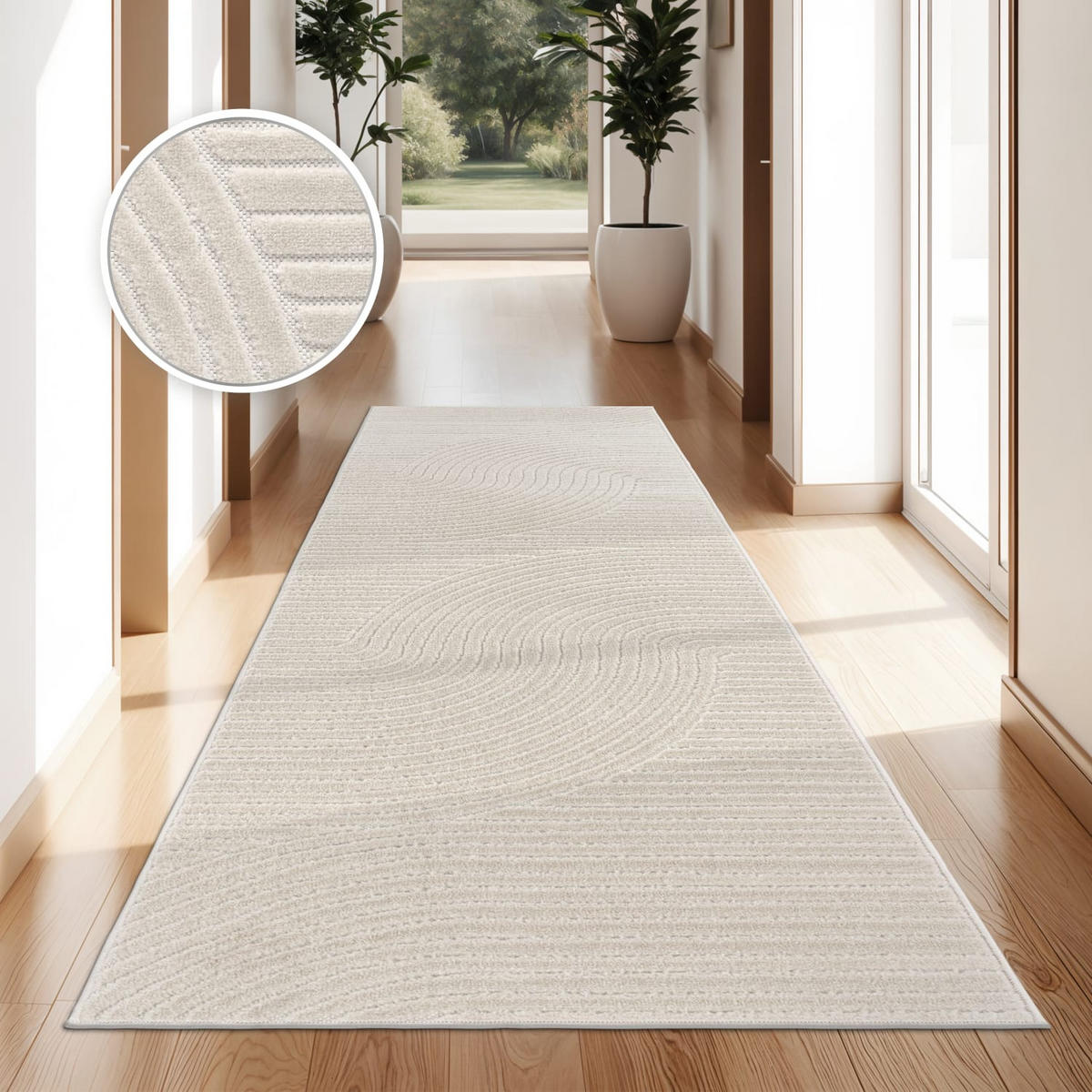TEPPICH Kurzflor Struktur Wohnzimmer schmutzabweisend Creme Läufer 80x250 - Creme, Textil (250/80cm) - KADIMA DESIGN