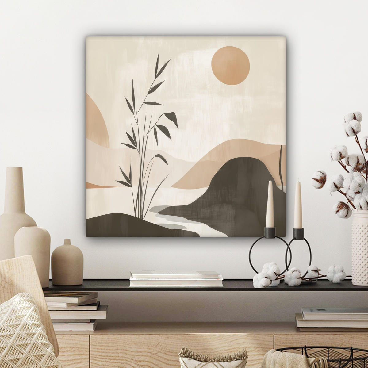 LEINWANDBILD Japandi - Landschaft - Beige Wandbild Wohnzimmer 50x50 cm - Cognac, Textil (50/50cm) - MuchoWow
