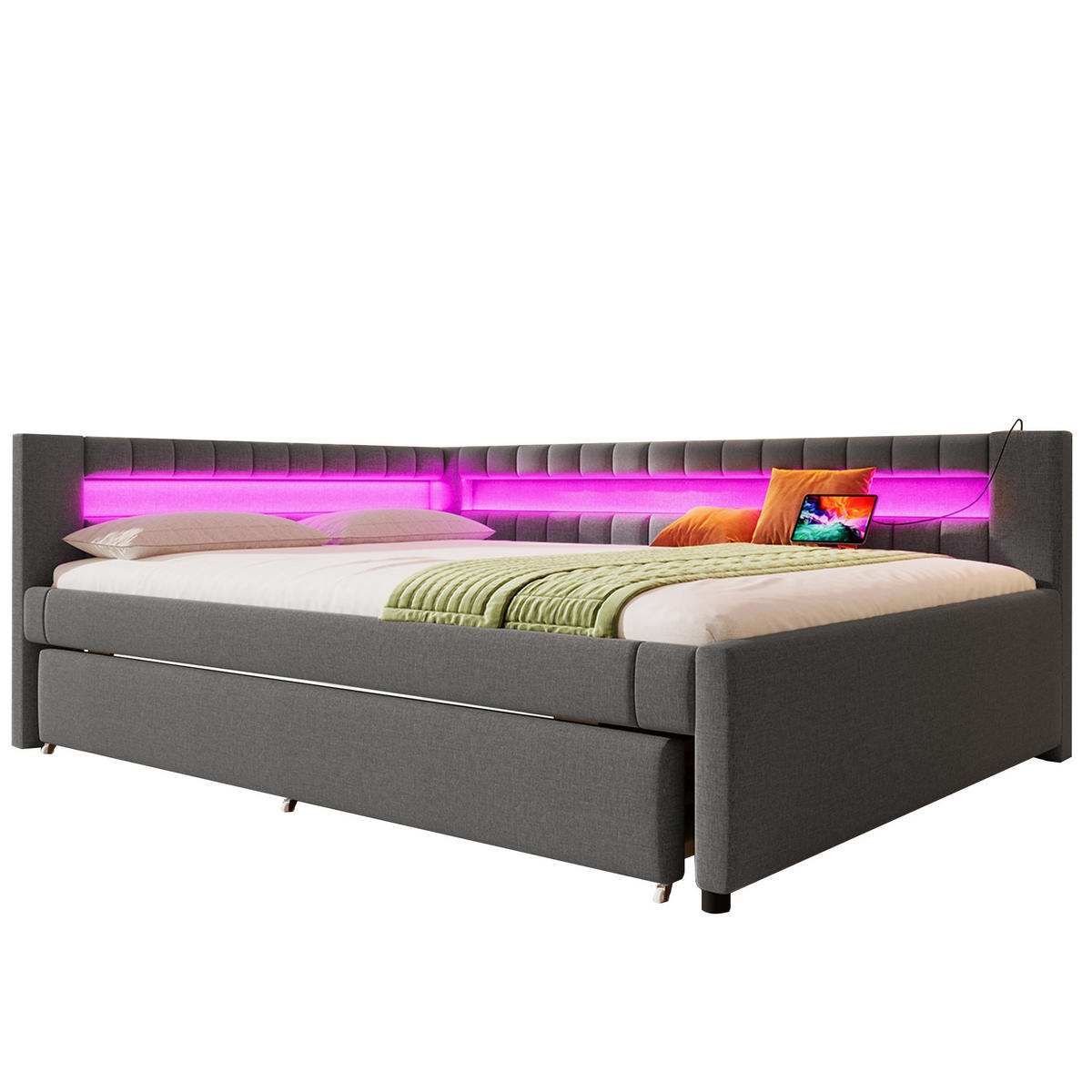 POLSTERBETT 140/200 cm aus Leinen mit LED-Lichtleiste, Ausziehbett, USB- und Type-C-Anschluss, Grau - Grau, Textil (140/200cm) - Redom