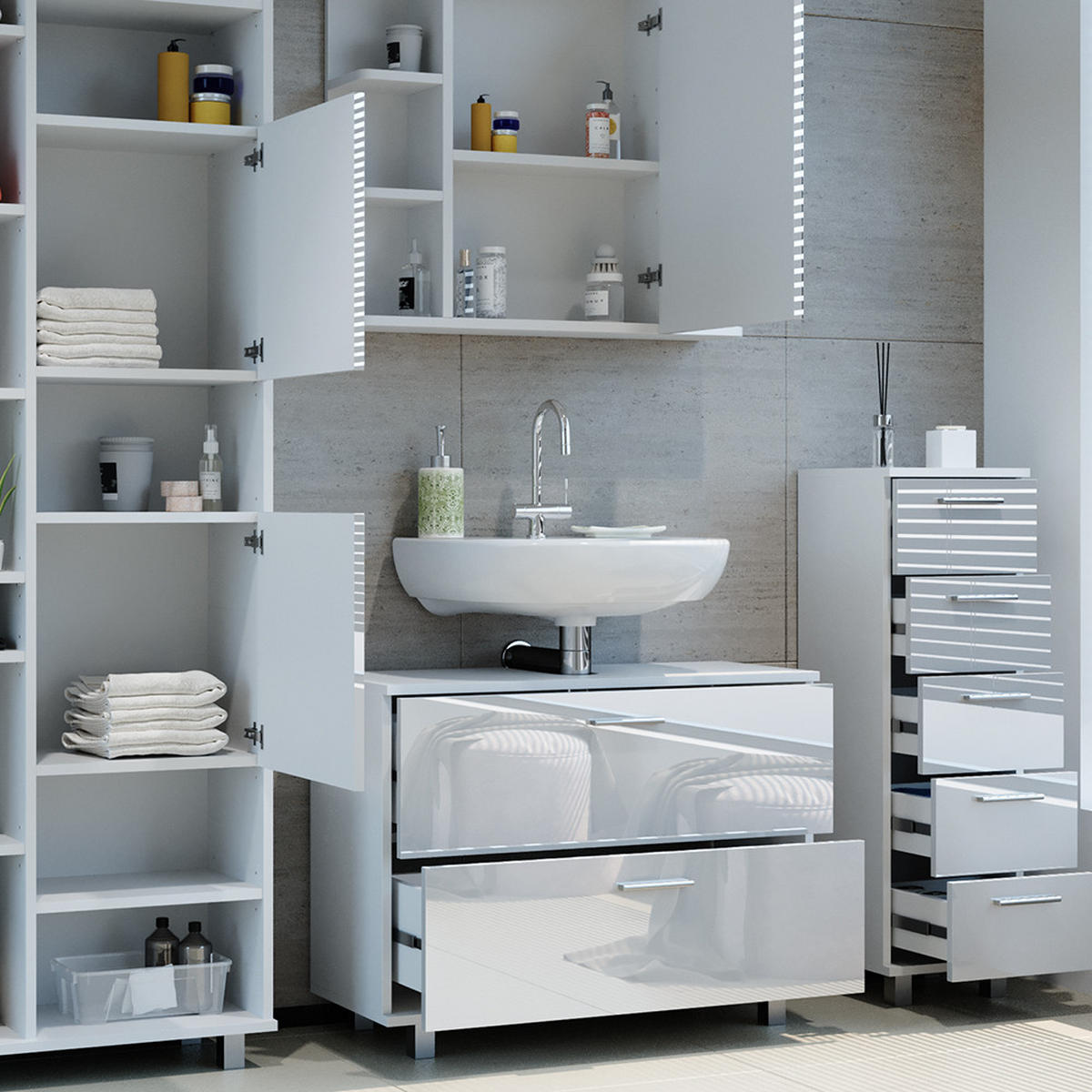 BADMÖBEL-SET Ilias Weiß Hochglanz 4 Teile, mit Hochschrank - Weiß Hochglanz, Holzwerkstoff (80.2/60.8/33cm) - Vicco