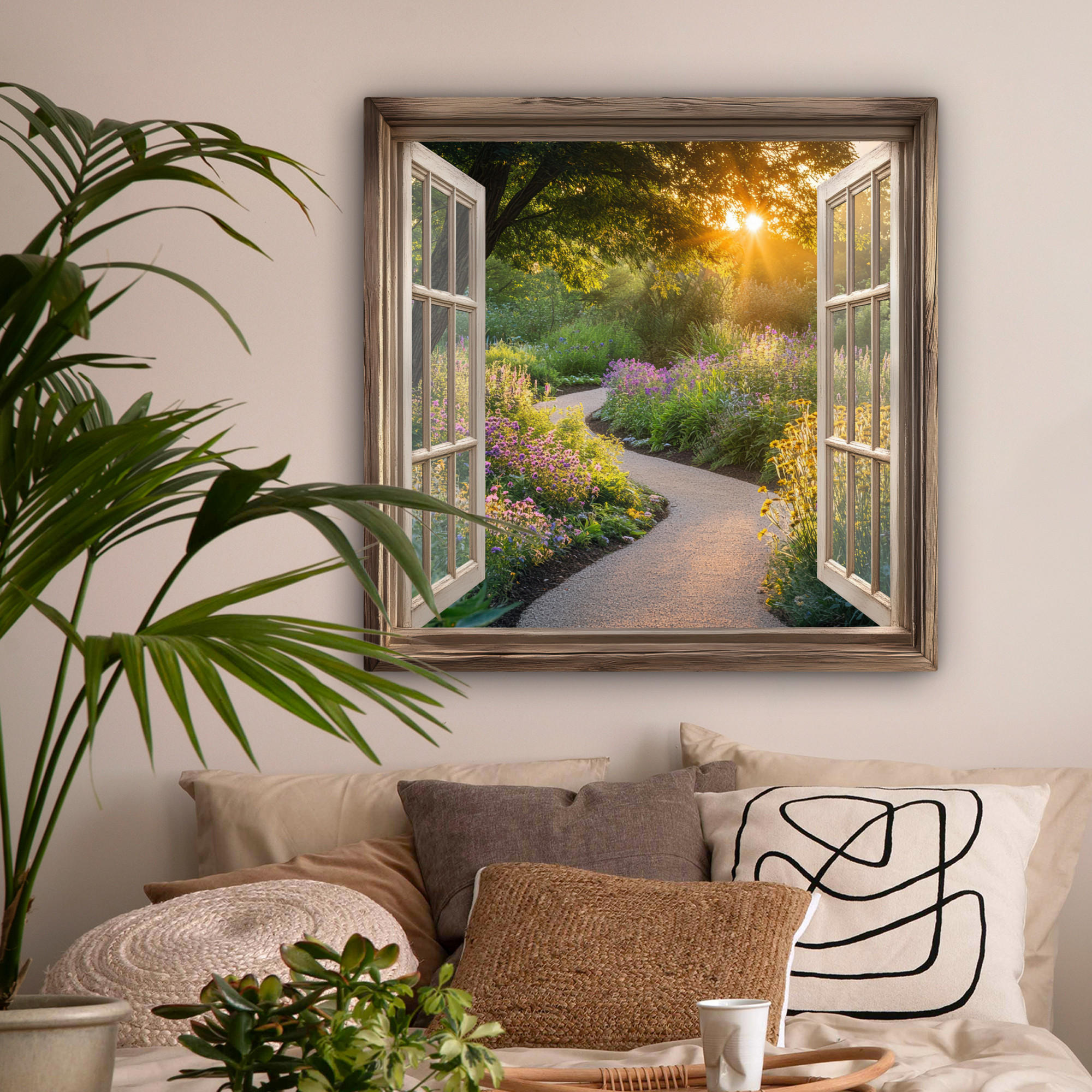 LEINWANDBILD Aussicht - Blumen - Natur - Sonne - Weg 90x90 cm - Hellgelb, Textil (90/90cm) - MuchoWow