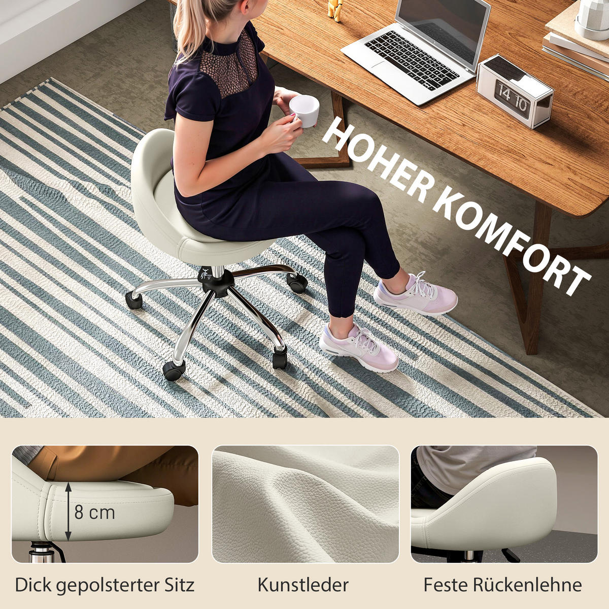 ROLLHOCKER Höhenverstellbar Weiß 35.0/35.0/83.0 cm - Weiß, Leder (35/83/35cm)