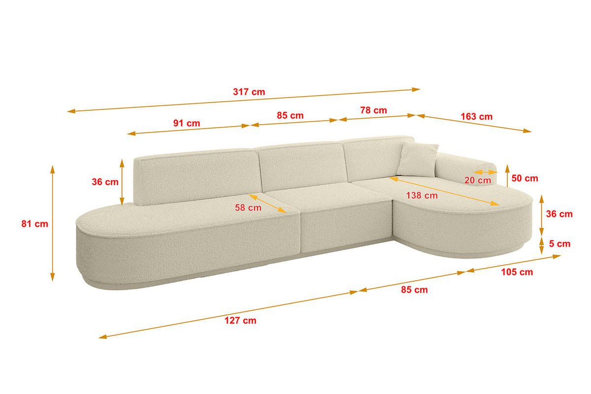 ECKSOFA Ottomane Rechts MARI-L2 - 317x163x81 cm Beige Bouclé - Beige/Schwarz, Holzwerkstoff/Kunststoff (317/163cm) - ALTDECOR