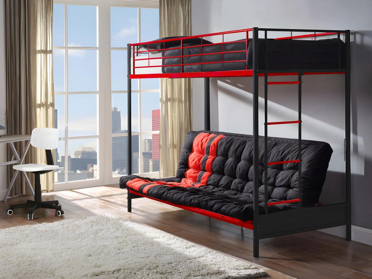 HOCHBETT mit Schlafsofa - 90 x 190 cm - Metall - Rot & Schwarz - MODULO V - Hellrot/Schwarz, Metall - Vente-Unique