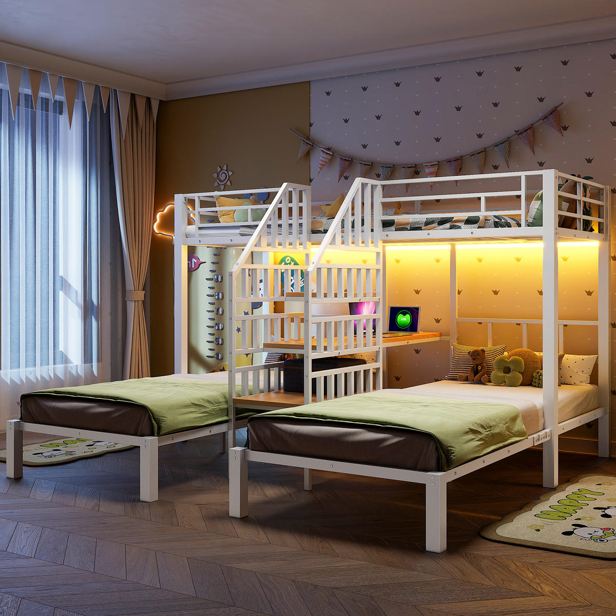 ETAGENBETT Kinder 90x200 Weiß mit LED, Leiter, Schreibtisch und Stauraum - Weiß, Metall (90/200cm) - ComfortXL