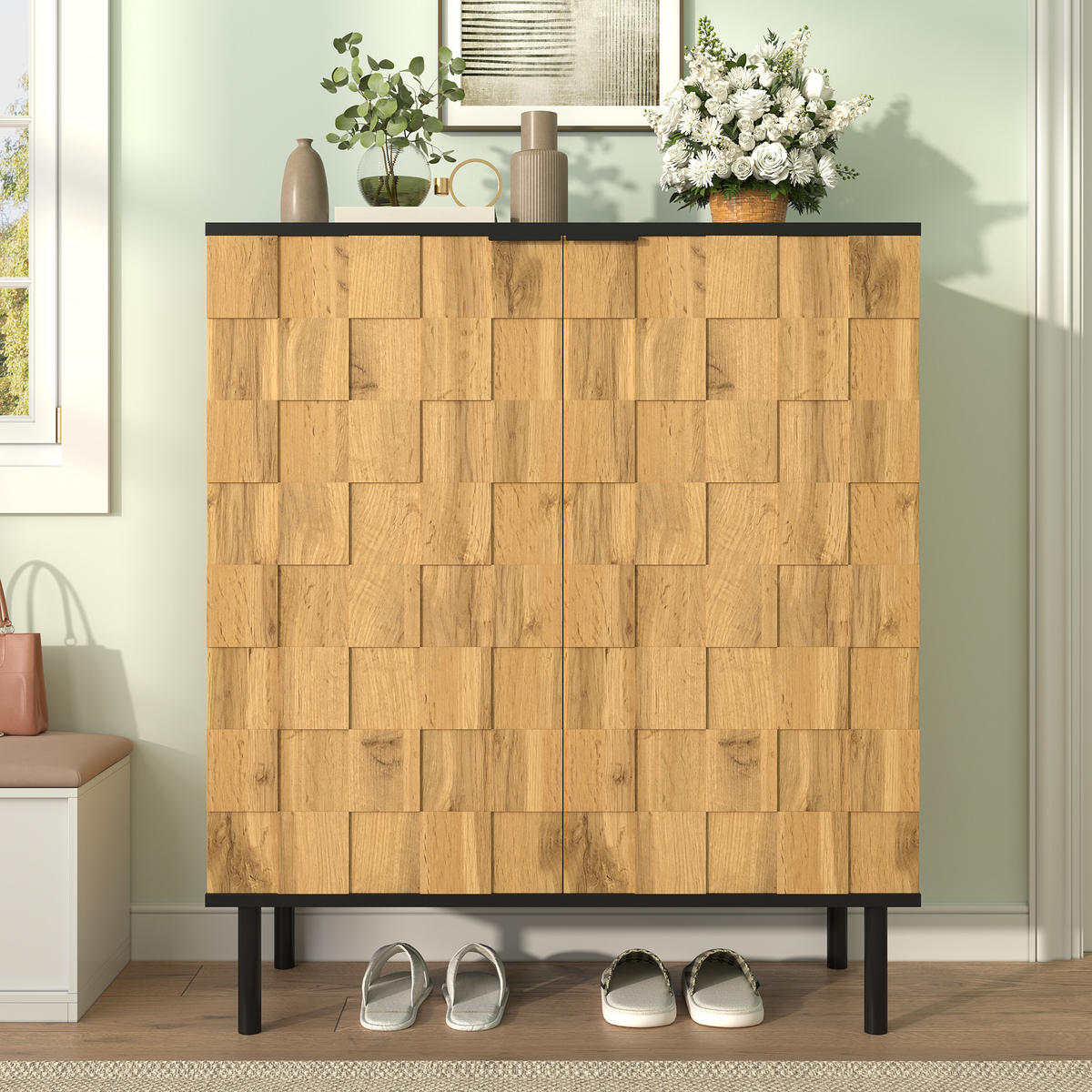 SCHUHSCHRANK 80/35/91,5 cm natur aus Spanplatte mit Mosaikfront - Naturfarben, Holzwerkstoff (80/91/35cm) - OKWISH
